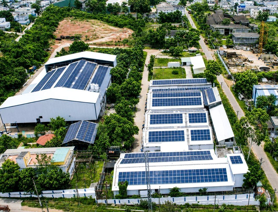 Aerial view of the Ni-Chrome foundry in Visakhapatnam, with rooftop solar across the sheds